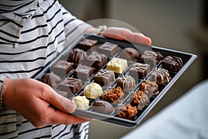 person holding a tray of assorted chocolate pralines