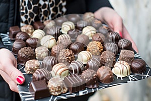 person holding a tray of assorted chocolate pralines