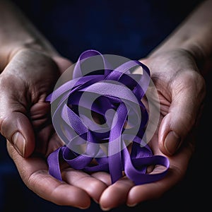 Person is holding two hands full of purple ribbons. The ribbons are being held in their palms and fingers, creating an