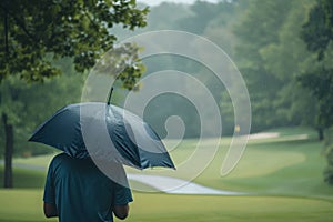 A person holding an umbrella walks in the rain, protecting themselves from the downpour, Playing golf on a rainy day with umbrella