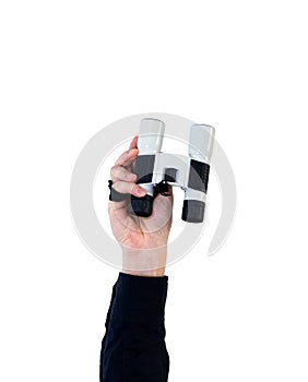 Person holding up binocular isolated on a white background