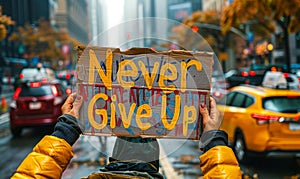 Person holding up a handmade sign with the inspirational slogan Never Give Up written in bold letters, representing