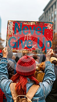 Person holding up a handmade sign with the inspirational slogan Never Give Up written in bold letters, representing