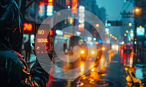 Person holding up a mobile phone displaying NO SIGNAL message on a city street at night, illustrating connectivity issues and