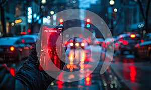 Person holding up a mobile phone displaying NO SIGNAL message on a city street at night, illustrating connectivity issues and