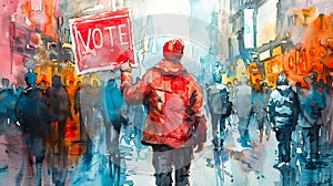 Person holding a VOTE sign in a city street crowd. Watercolor urban scene with vibrant colors. Voter participation and