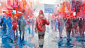 Person holding a VOTE sign in a city street crowd. Watercolor urban scene with vibrant colors. Voter participation and