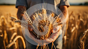 Person holding wheats on wheat field on countryside. Generative AI.