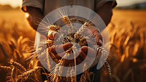 Person holding wheats on wheat field on countryside. Generative AI.