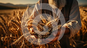 Person holding wheats on wheat field on countryside. Generative AI.