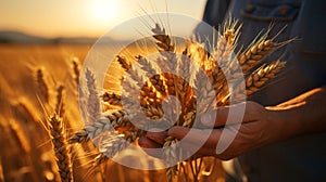 Person holding wheats on wheat field on countryside. Generative AI.