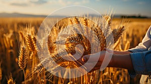 Person holding wheats on wheat field on countryside. Generative AI.