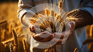 Person holding wheats on wheat field on countryside. Generative AI.