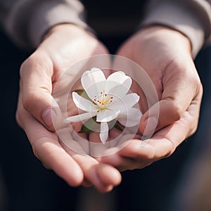 A person holding a white flower in their hands, AI