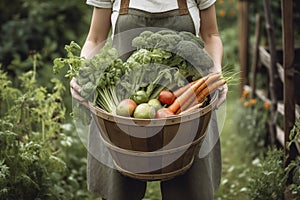 Person holding wooden basket full of fresh vegetables.