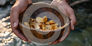 Person Holding Wooden Bowl Filled With Gold Nuggets