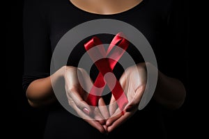 person holding world aids day ribbon symbol. generate AI