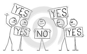 Person holding Yes Sign, Disagree with Crowd with No Signs,Individuality Concept , Vector Cartoon Stick Figure