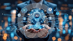 Person holds a digital interface a visualization of the AI business solutions