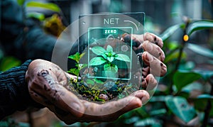 Person holds glowing green circular icon with Net Zero text & eco-friendly icons representing sustainability renewable energy