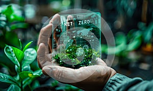 Person holds glowing green circular icon with Net Zero text & eco-friendly icons representing sustainability renewable energy