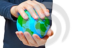 Person Holds a Green and Blue Globe on White
