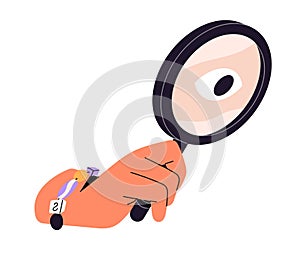 Person holds magnifying glass in hand. People observe, look through magnifier. Character searches information in