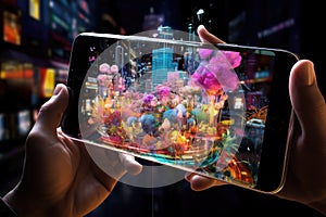 A person holds a mobile phone in their hand, utilizing the latest communication technology, Augmented reality displayed in a