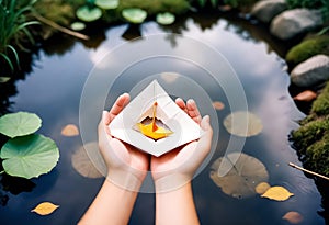 a person holds a paper boat with a yellow leaf floating in the water