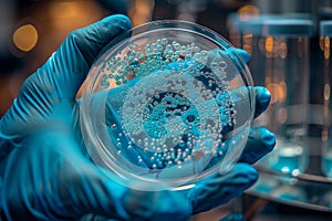 Person holds petri dish with bacteria in aqua fluid