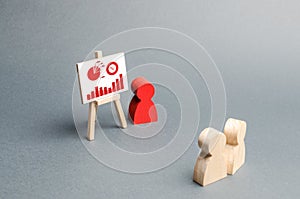 A person holds a presentation to a crowd of people at a briefing, discussion of the business strategy, Analysis of the results