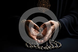 A person holds a rosary in their hands, engaging in a sacred act of prayer and devotion, hand of muslim praying with rosary,