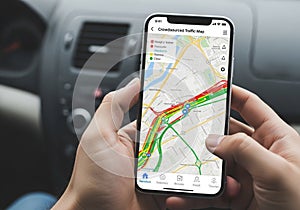 A person holds a smartphone in a car, displaying a crowdsourced