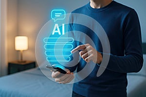 Person using smartphone with glowing AI chatbot interface in a room artificial intelligence technology