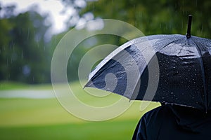 A person holds an umbrella as rain falls around them, Playing golf on a rainy day with umbrella in hand, AI Generated