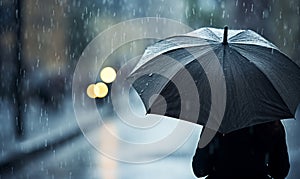 Person holds umbrella under rain on dark background, close up, copy space