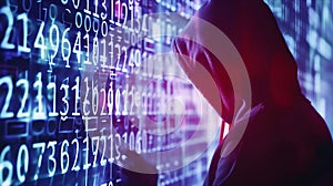 Person in hood looking at numbers on computer