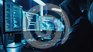 Person in a hooded jacket from behind, working on a computer with multiple screens displaying complex coding software