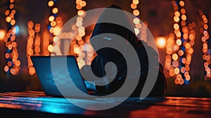 Person in a hooded jacket from behind, working on a computer with multiple screens displaying complex coding software