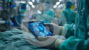 A person in a hospital room holding up an tablet computer, AI