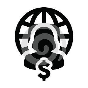 Person icon with globe dollar sign currency money symbol vector with female profile avatar for a business network