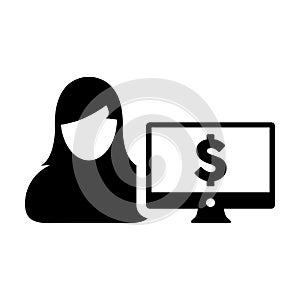 Person icon vector female user avatar with computer monitor screen and dollar sign in flat color in Glyph Pictogram Symbol