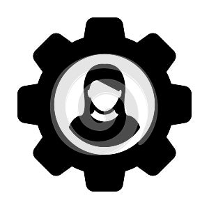 Person icon vector female user profile avatar with gear cogwheel for settings and configuration in flat color glyph pictogram