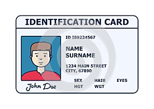 Person identification badge. Id plastic card with personal data and photo.