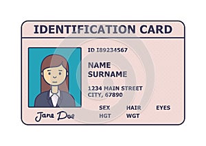 Person identification badge. Id plastic card with personal data and photo.