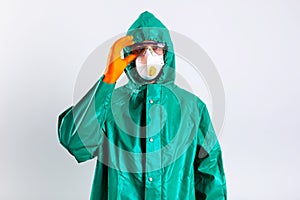 Person in impermeable clothes looking ready to work in infected places