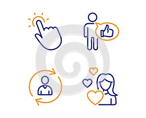 Person info, Touchpoint and Like icons set. Love sign. Refresh user data, Touch technology, Thumbs up. Vector