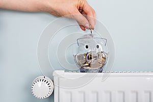 Person Inserting Coin In Piggybank On Radiator