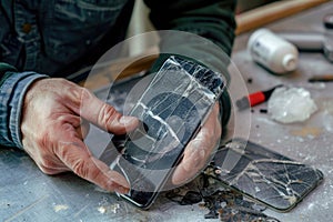 Person Inspecting Damaged Smartphone with Cracked Screen