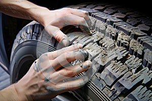 person inspecting tread on a wornout tire photo